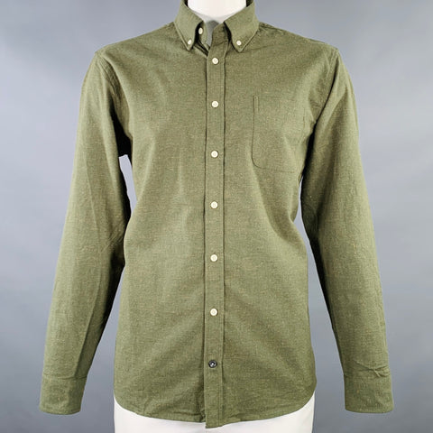 TAYLOR STITCH Size 44 The Jack Green Textured Cotton Wool One Pocket Long Sleeve Shirt