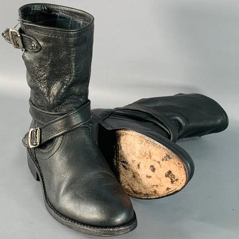 FRYE Size 6.5 Black Leather Pull On Biker Buckle Boots