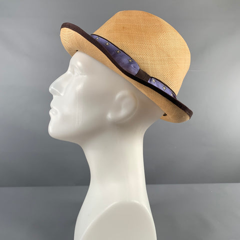 VINTAGE Size 7 3/8 Beige Purple Woven Silk Straw Hats