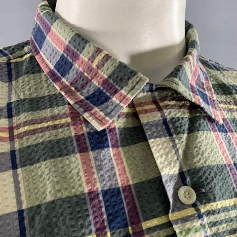 RRL by RALPH LAUREN Size L Blue Green Plaid Cotton Seersucker Camp Short Sleeve Shirt
