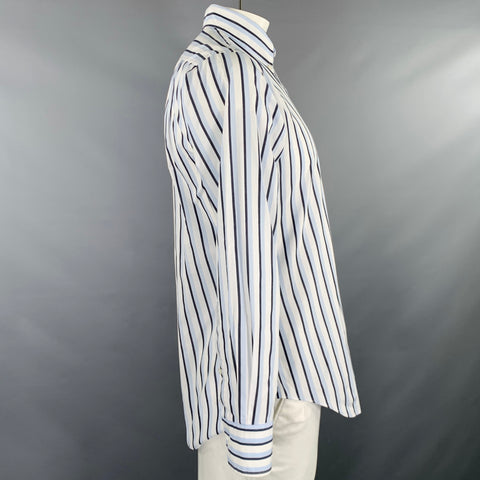 THOM BROWNE Size L White Black Blue Stripe Cotton One Pocket Long Sleeve Shirt