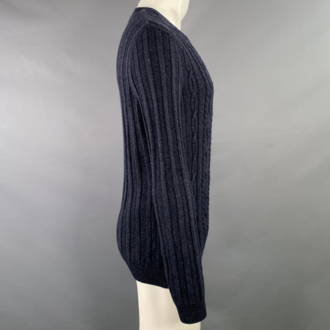 LENOR ROMANO Size M Navy Cable Knit Merino Wool V-Neck Pullover