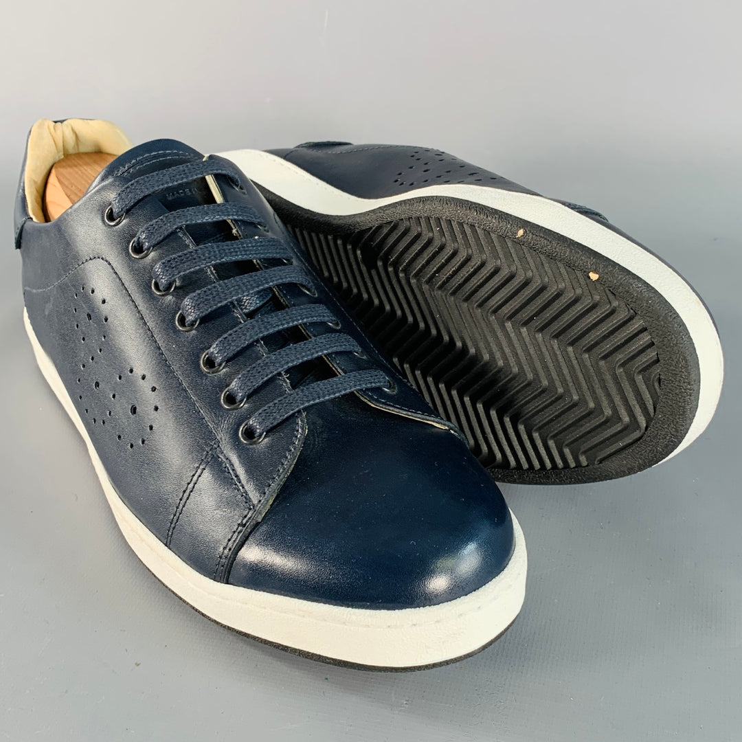 BUGATCHI Size 8 Navy Perforated Leather Low Top Sneakers
