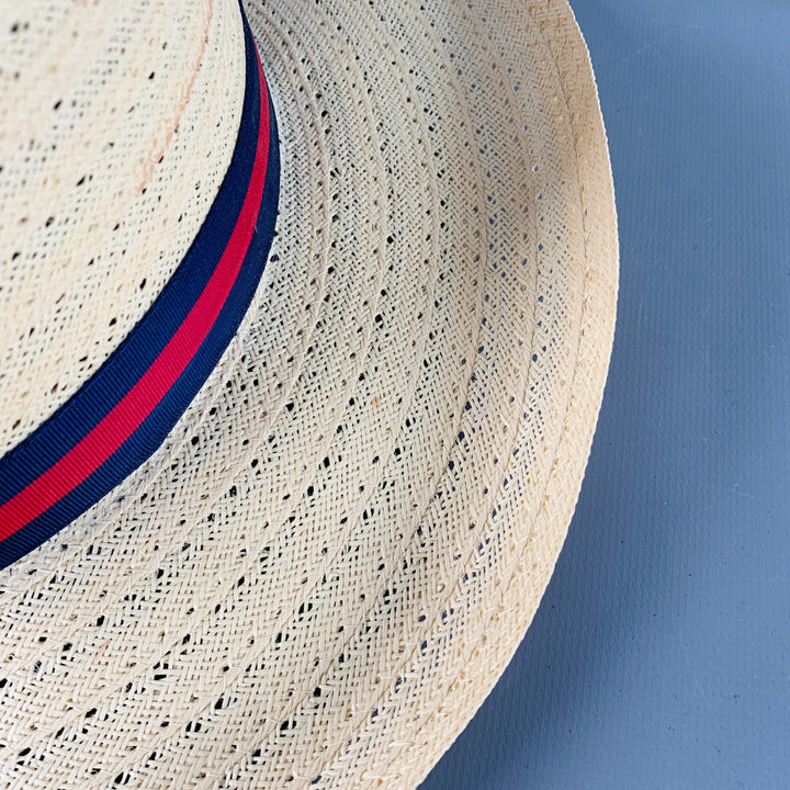 VINTAGE Size L Beige Navy Red Ribbon Trim Woven Straw Hat