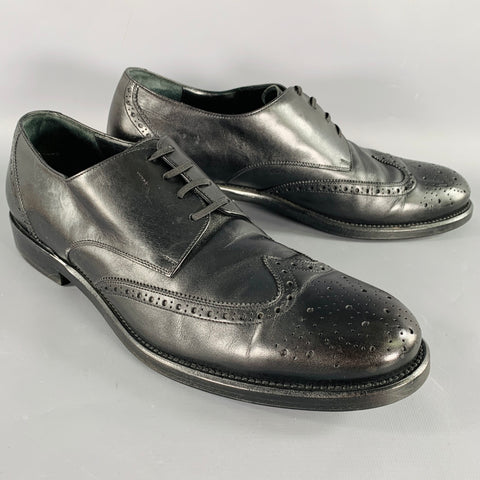 SALVATORE FERRAGAMO Size 10.5 Black Perforated Leather Wingtip Lace-Up Shoes
