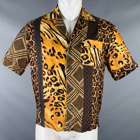 PIERRE-LOUIS MASCIA Talla XS Camisa de manga corta de seda con estampado animal marrón tostado