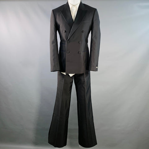 BURBERRY Size 38 Black Wool Silk Double Breasted Tuxedo