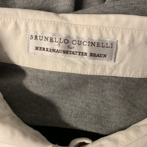 BRUNELLO CUCINELLI Size L Grey White Cotton Long Sleeve Polo