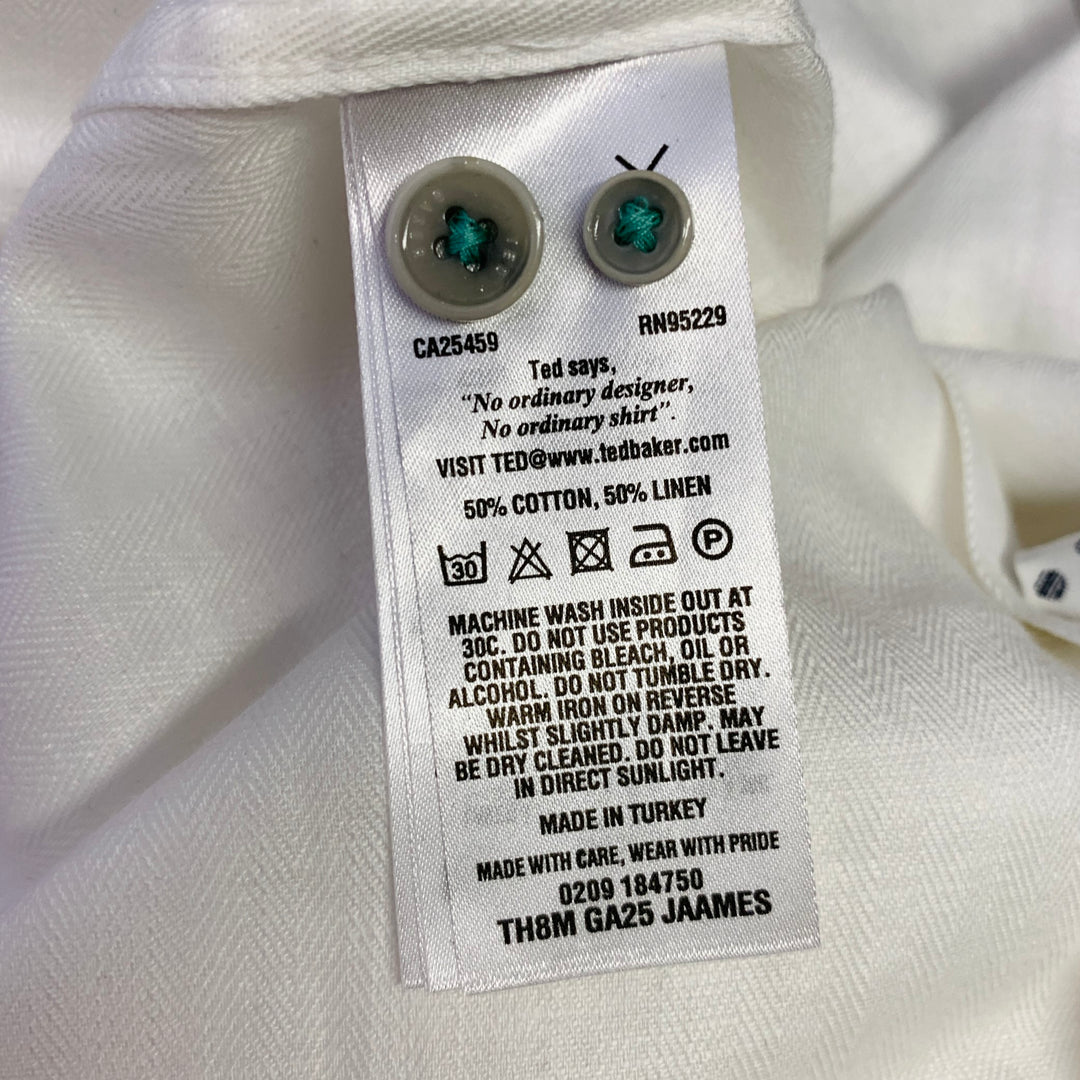 TED BAKER Size XS Jaames White Herringbone Cotton Linen One Pocket Roll Tab Long Sleeve Shirt