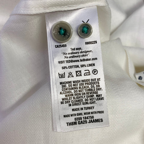TED BAKER Size XS Jaames White Herringbone Cotton Linen One Pocket Roll Tab Long Sleeve Shirt