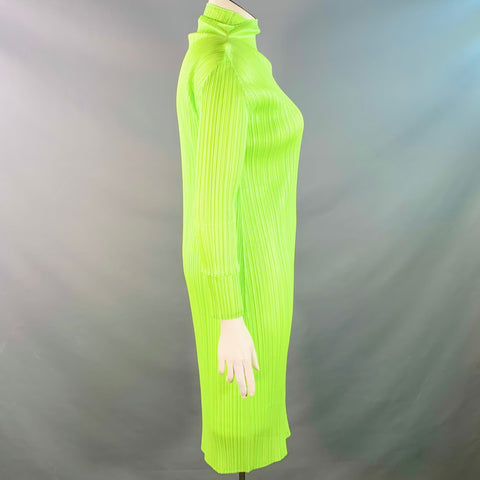 ISSEY MIYAKE PLEATS PLEASE Size L Neon Green Polyester Pleated Shift Dress