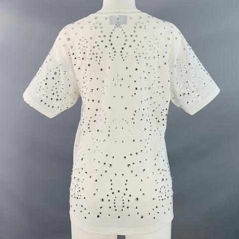 CYNTHIA ROWLEY Taille M T-shirt col rond en maille de mélange de polyester blanc orné de strass cloutés