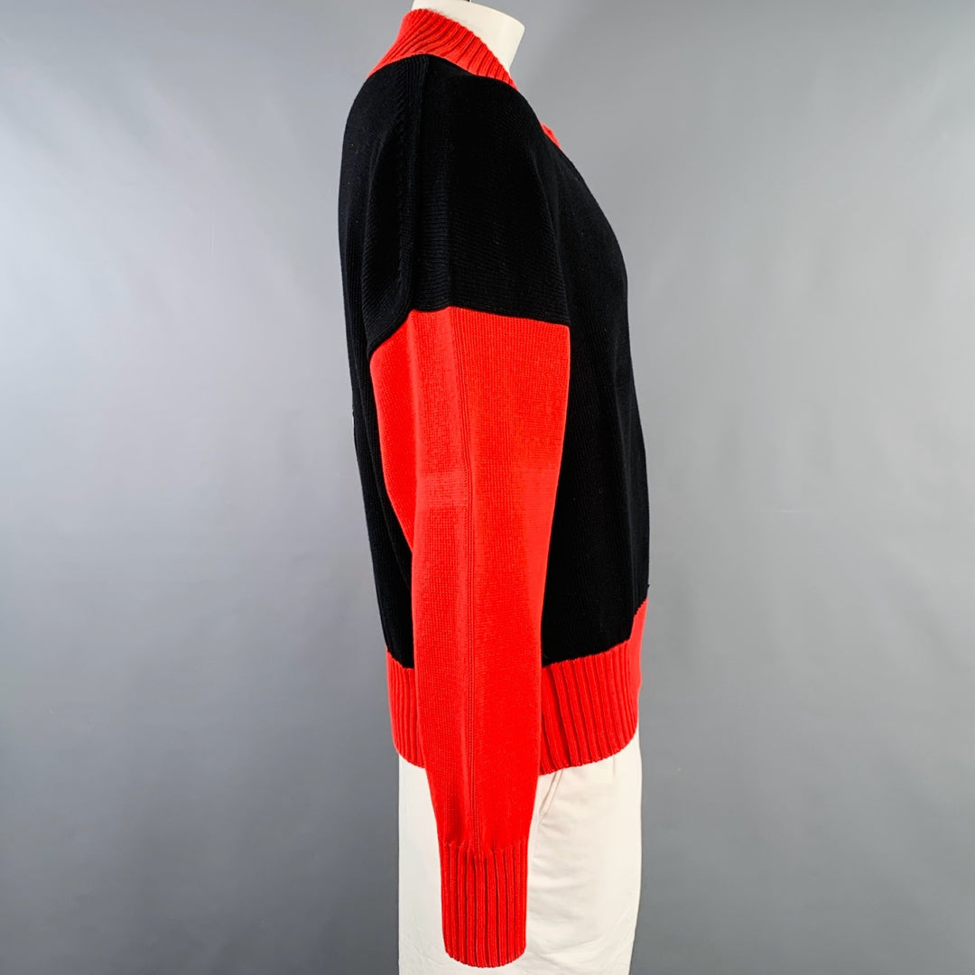 ALEXANDER MCQUEEN Size XL Black Red Two Toned Cotton V-Neck Sweater