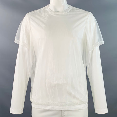 HELMUT LANG Size XL White Cotton Blend Chiffon Double Layer Crew Neck Pullover