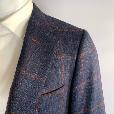 CANALI Chest Size 40 Navy Burgundy Window Pane Wool & Cashmere Sport Coat