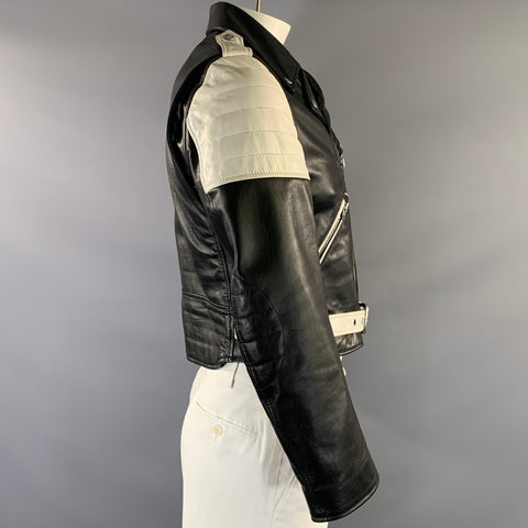 CELINE SS2019 Size 40 Black White Color Block Leather Biker Jacket