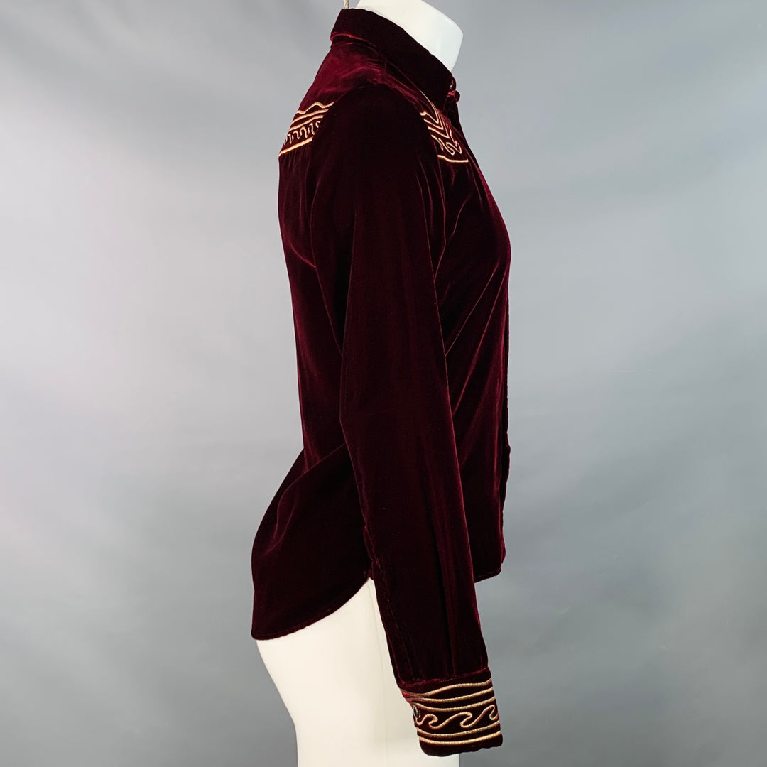 SAINT LAURENT AW18 Size M Burgundy Gold Embroidery Velvet Western Long Sleeve Shirt