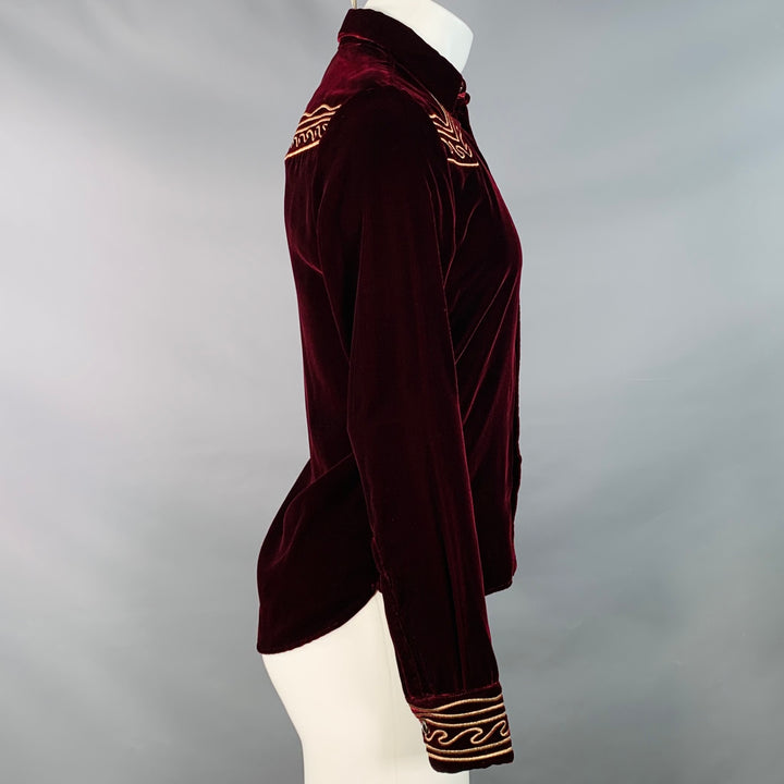 SAINT LAURENT AW18 Size M Burgundy Gold Embroidery Velvet Western Long Sleeve Shirt