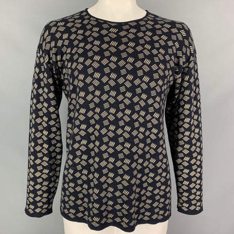 ARMANI COLLEZIONI Pull ras du cou en maille de coton mélangé bleu marine et ivoire Taille L