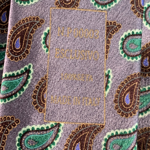 ERMENEGILDO ZEGNA Grey Green Paisley Silk Tie