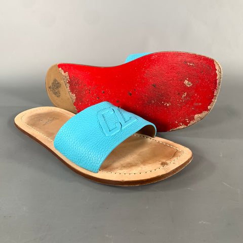 CHRISTIAN LOUBOUTIN Size 10 Blue Tan Monogram Leather Slide Sandals