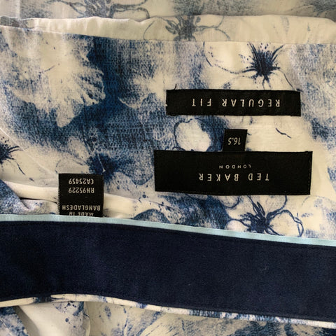 TED BAKER Size L Blue White Floral Cotton Button Up Long Sleeve Shirt