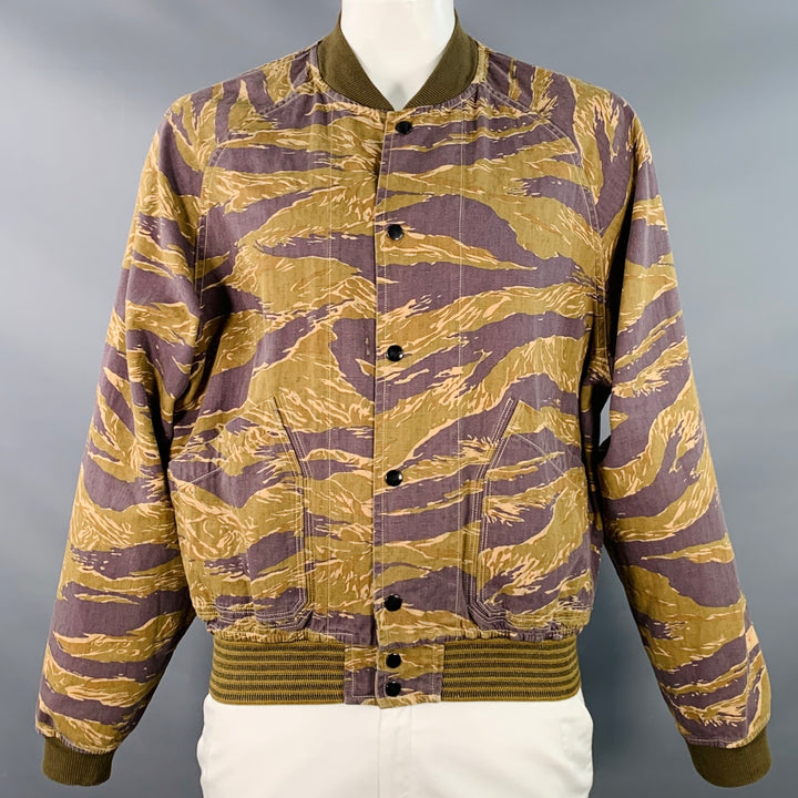 KAPITAL Size XL Brown Black Animal Print Tiger Camo Cotton Reversible Bomber Jacket