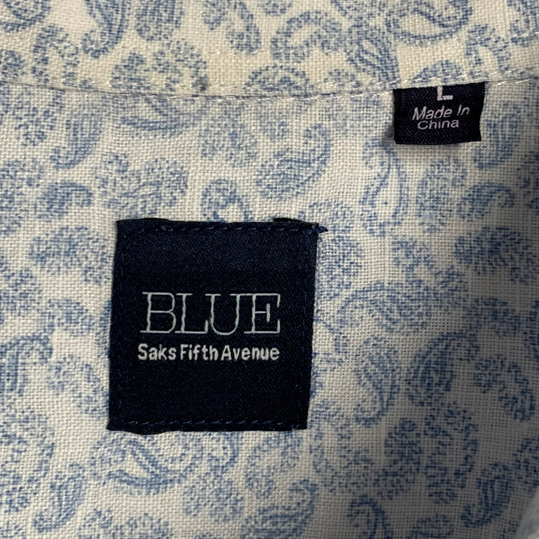 SAKS FIFTH AVENUE Size L White Blue Paisley Linen One Pocket Short Sleeve Shirt