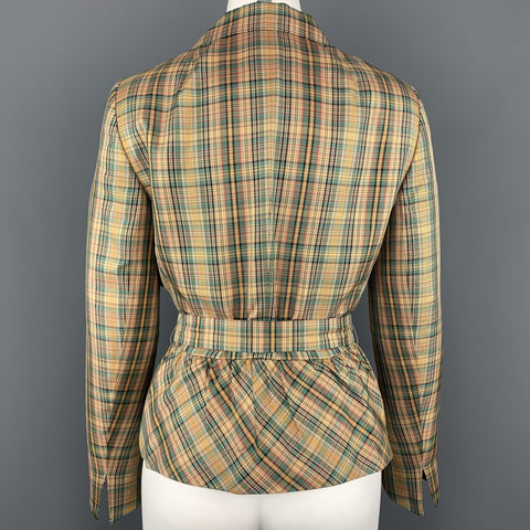 AKRIS Size 8 Gold & Green Plaid Silk  Cropped Belted Blazer