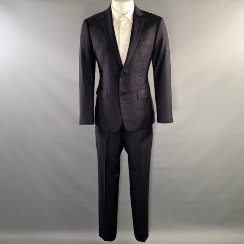 E-RAVE CUSTOM SHOP Chest Size 40 Navy Rust Stripe Wool Notch Lapel 34 32 Suit