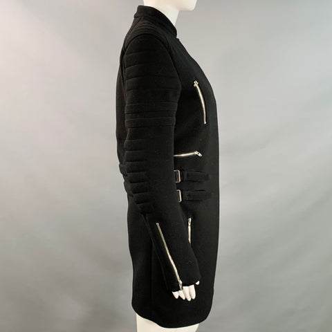 CELINE Size 4 Black Wool Zippers Detail Bondage Coat