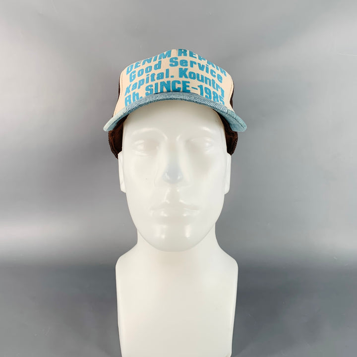 KAPITAL KOUNTRY Denim Repair Blue Beige Patchwork Denim Mesh Trucker Hat