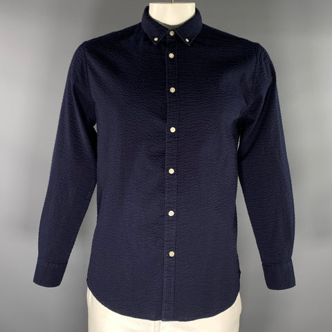 SUPERDRY STUDIOS Size L Navy Textured Button Down Long Sleeve Shirt
