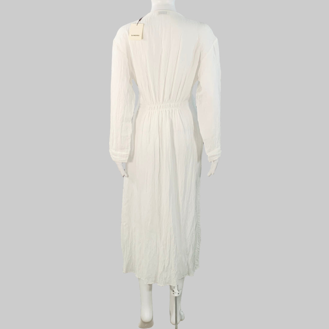 SANDRO Size S White Acetate Blend Wrinkled Ruched Long Sleeve V-Neck Dress