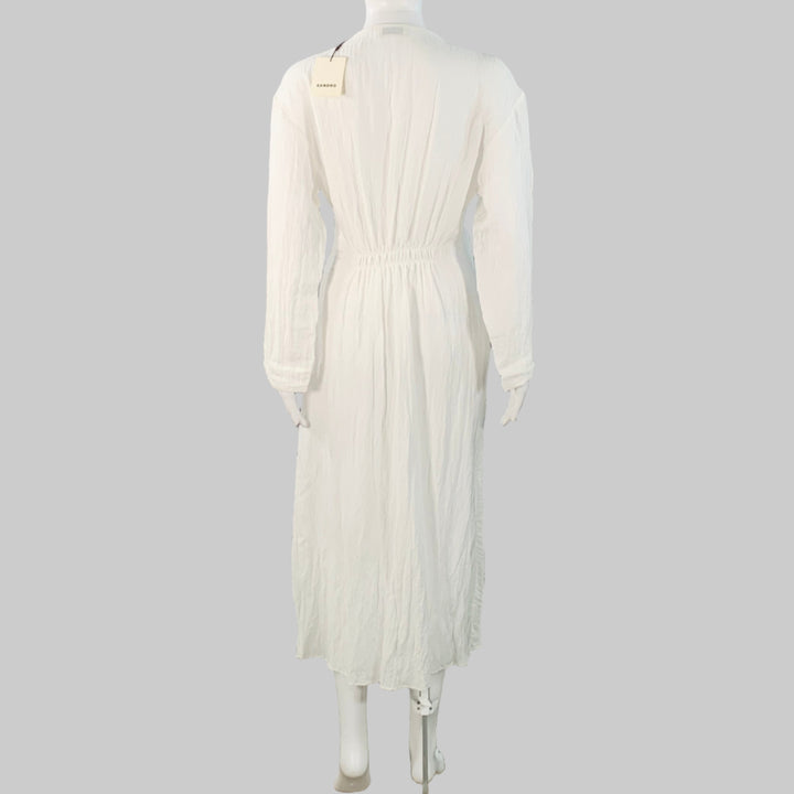 SANDRO Size S White Acetate Blend Wrinkled Ruched Long Sleeve V-Neck Dress