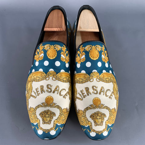 VERSACE Size 11 Green Gold Twill Baroque Slip On Loafers