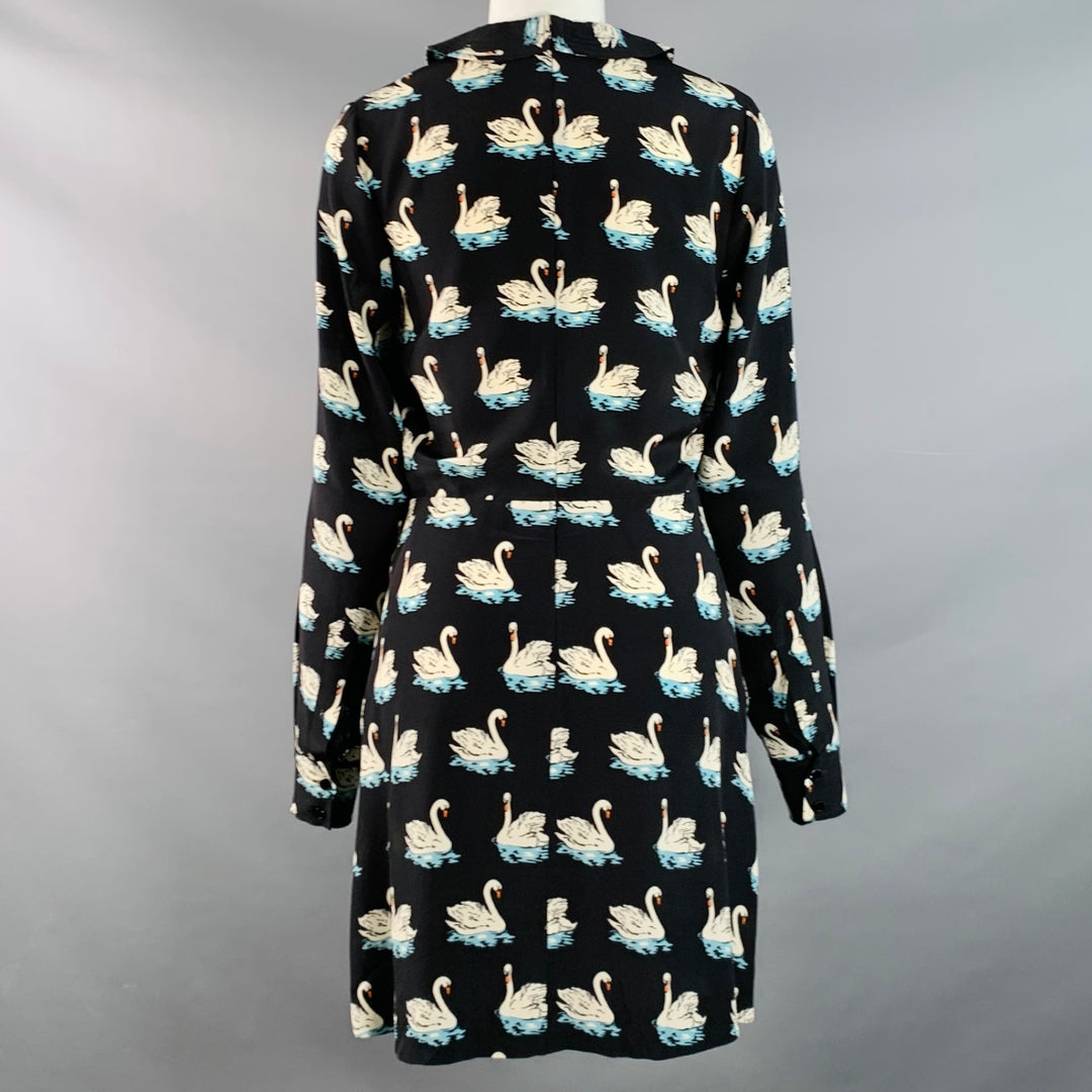 STELLA McCARTNEY 2016 Size 2 Black White Blue Silk Swans Point Collar Dress