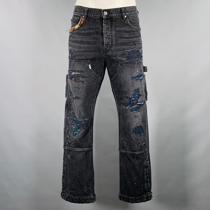 AMIRI Taille 34 Jean Cargo Droit en Coton Distressed Noir Multicolore
