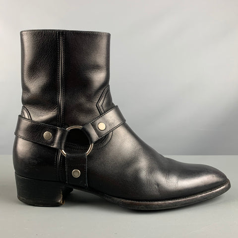 SAINT LAURENT Size 9 Black Leather Harness Boots