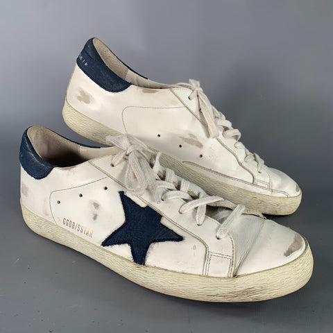 GOLDEN GOOSE Size 9 White Navy Logo Leather Skater Sneakers