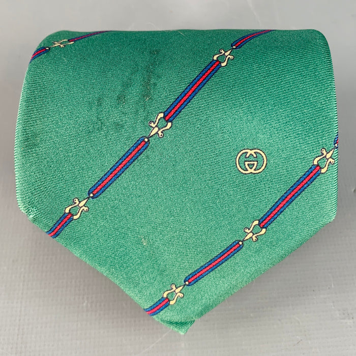 GUCCI Vintage Green Red Horsebit Diagonal Stripe Silk Tie