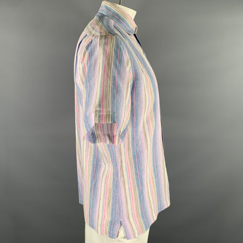 NEIMAN MARCUS Size L Blue Pink Purple Stripe Linen Short Sleeve Shirt