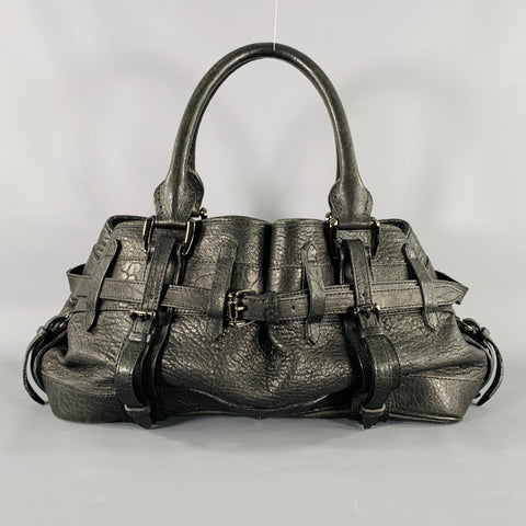 BURBERRY Black Gunmetal Leather Top Handles Handbag