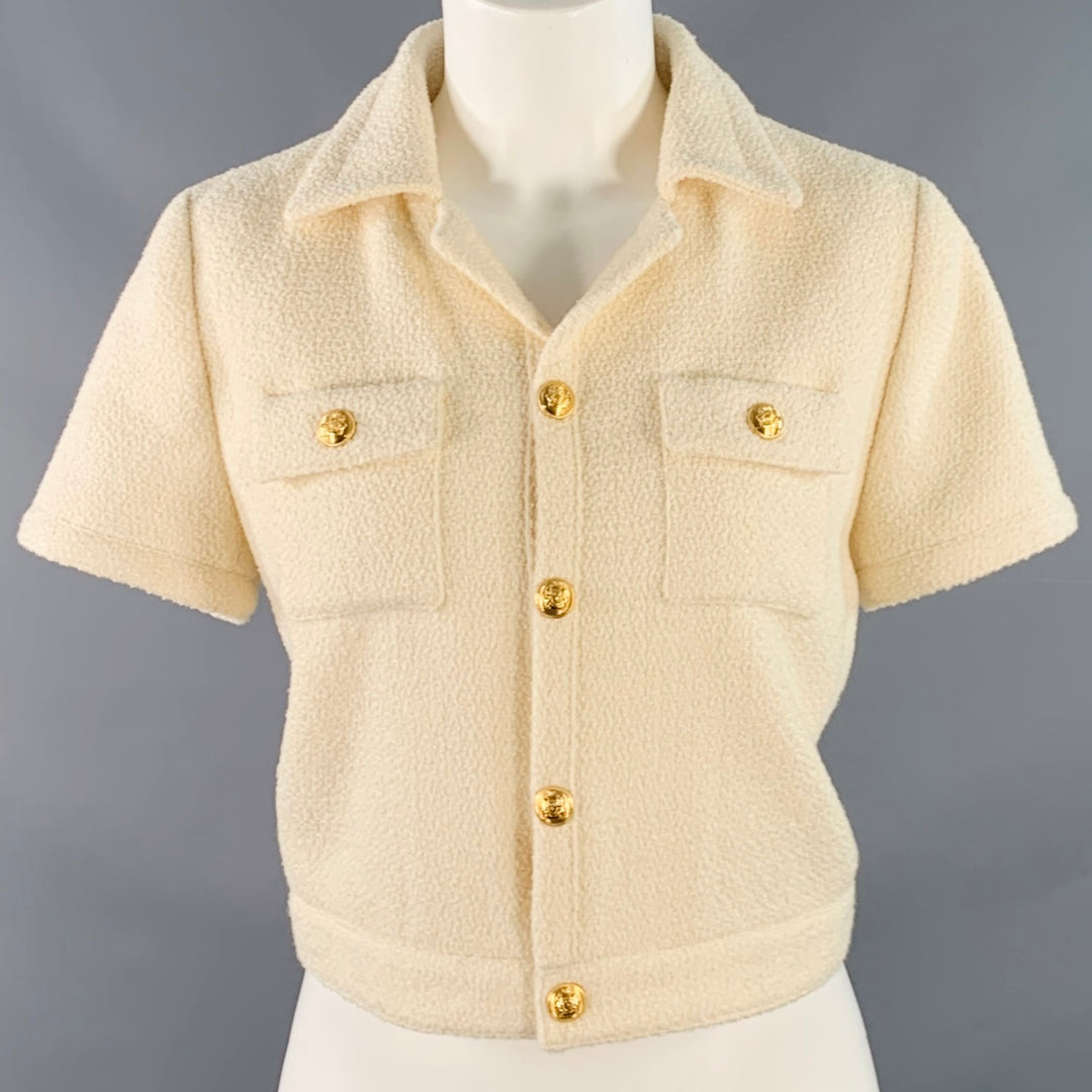 CELINE Size 8 Cream Gold Wool Blend Short Sleeve Jacket Blazer
