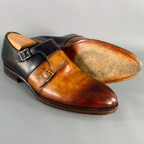 MAGNANNI Size 9.5 Neto Brown Navy Leather Monk Strap Loafers