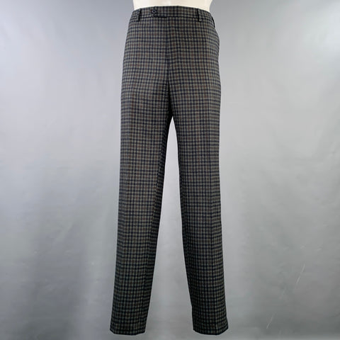 ZANELLA Size 40 Grey Brown Checkered Acetate Blend Flat Front Dress Pants