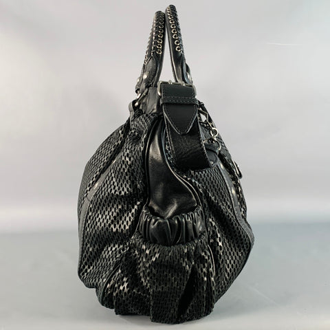 MIU MIU Black Perforated Leather Grommets Top Handles Handbag