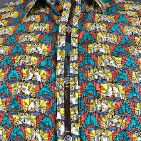 ROBERT GRAHAM Talla L Camisa de manga corta con botones de algodón geométrico multicolor