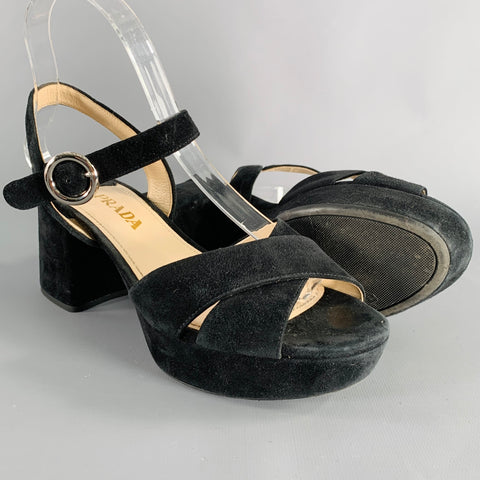 PRADA Size 7 Black Suede Chunky Heel Sandals