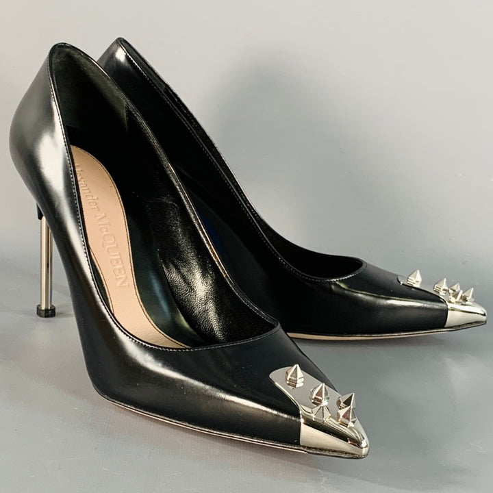 ALEXANDER MCQUEEN Size 9.5 Black Silver Spikes Leather Stiletto Heels Pumps